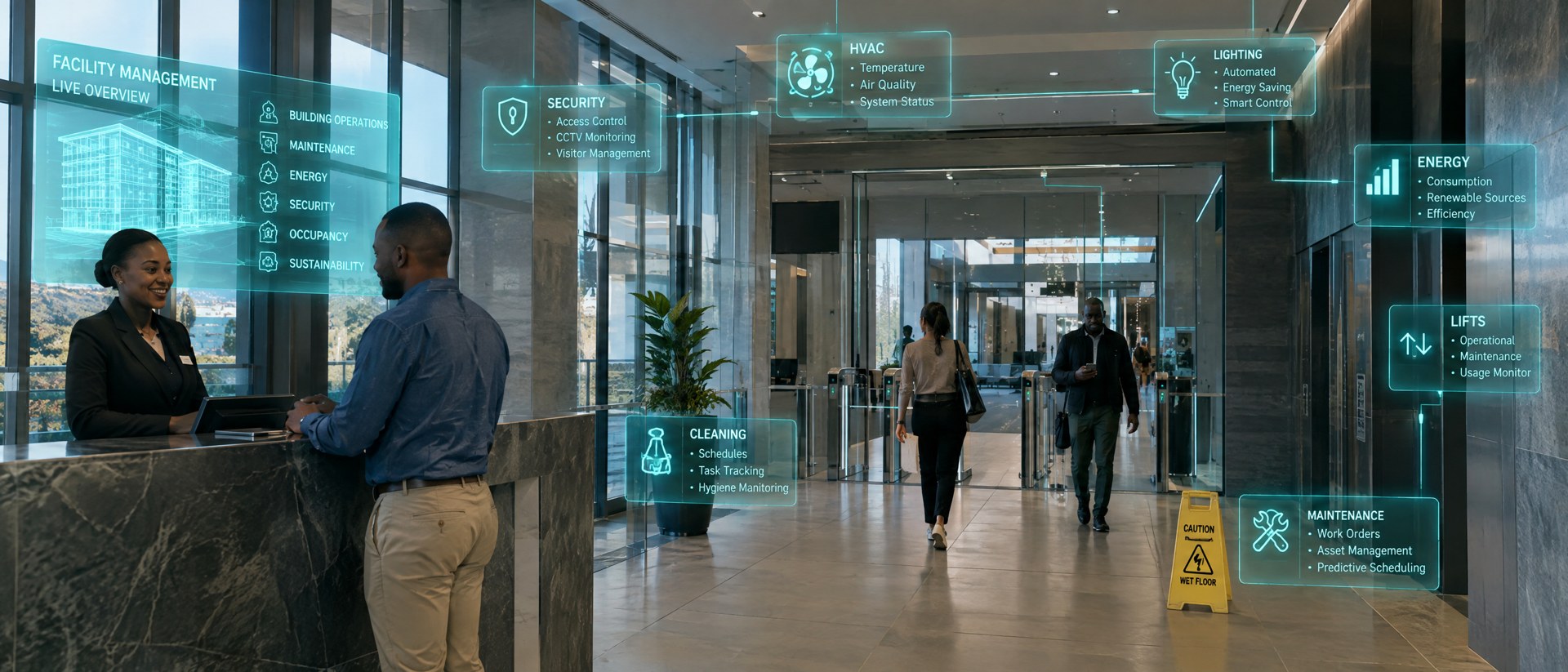 Facility technology concept showing connected building services in a reception area